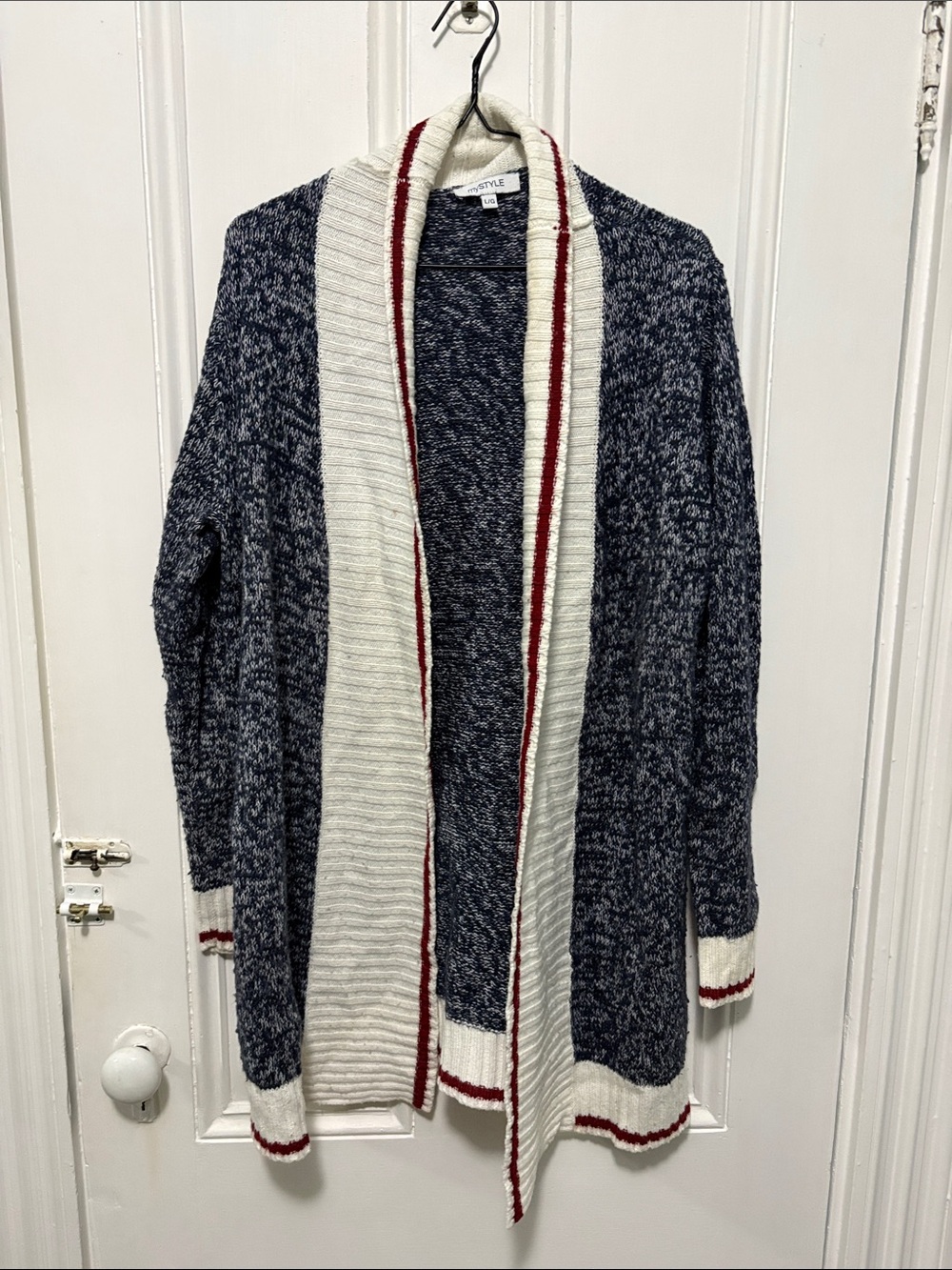 Cozy Navy Marled Open-Front Cardigan with Ivory Shawl Collar